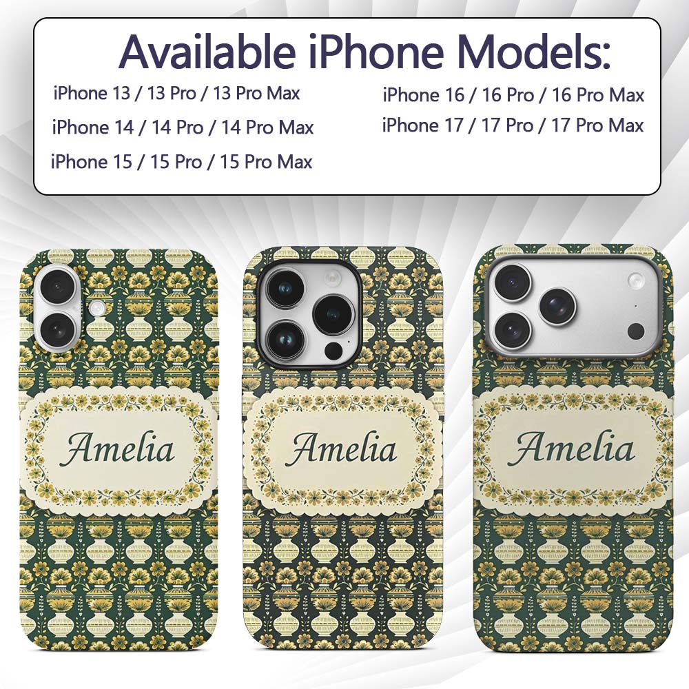 Elegant Vintage Vase Floral Green Printed Design Custom Name Protective Phone Case Mobile Cover Durable Everyday Smartphone Shock Resistant