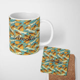 Personalized Custom Name Retro Flying Fish Ocean Waves Seamless Pattern Name Cute Unique Gift 11oz Ceramic Coffee Tea Mug White Large Handle