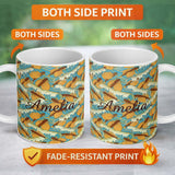 Personalized Custom Name Retro Flying Fish Ocean Waves Seamless Pattern Name Cute Unique Gift 11oz Ceramic Coffee Tea Mug White Large Handle