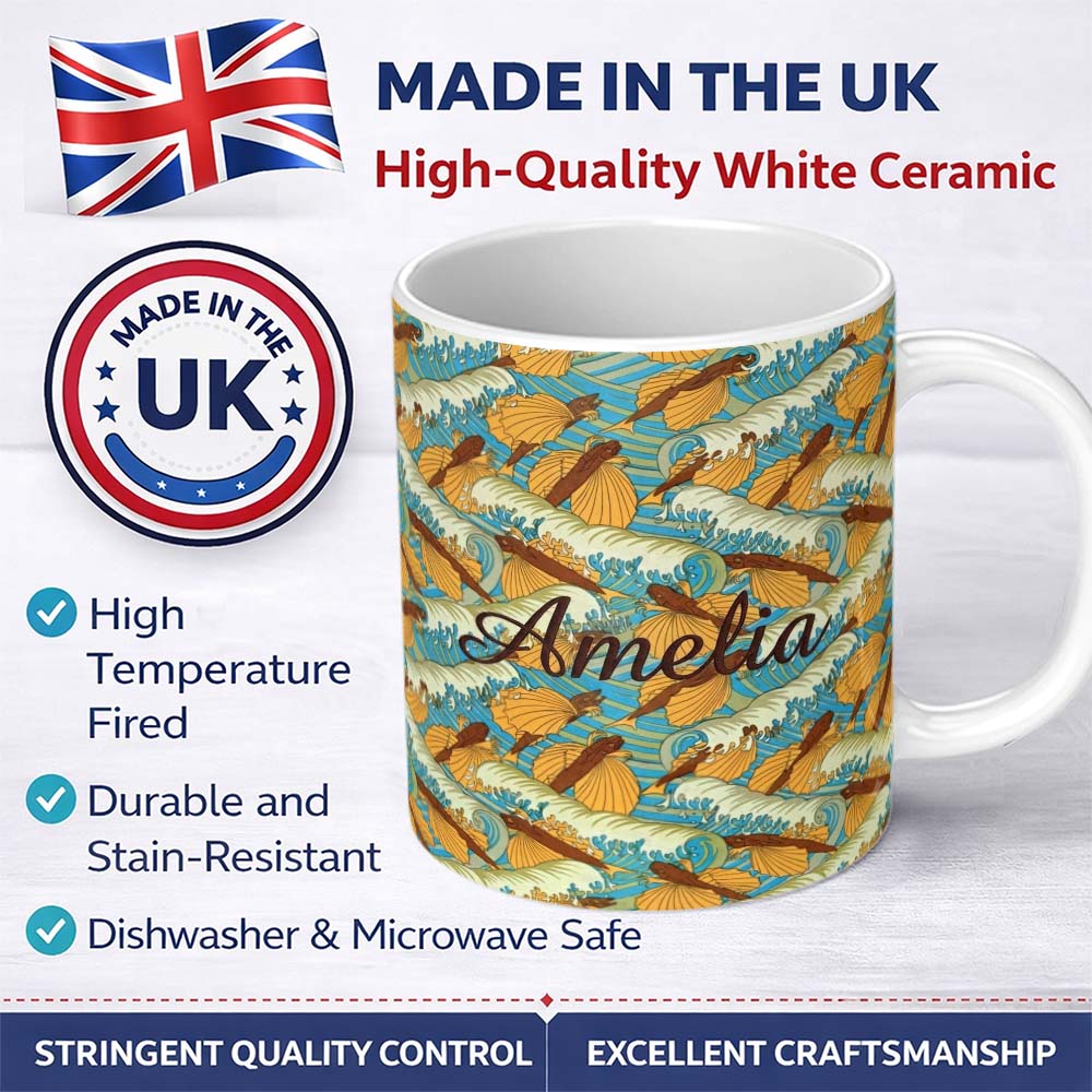 Personalized Custom Name Retro Flying Fish Ocean Waves Seamless Pattern Name Cute Unique Gift 11oz Ceramic Coffee Tea Mug White Large Handle