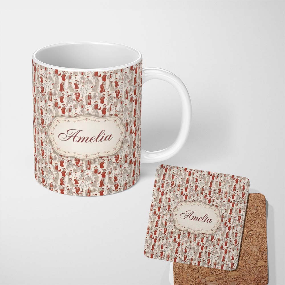 Personalized Custom Name Vintage Fashion Ladies Red Beige Seamless Pattern Name Cute Unique 11oz Ceramic Coffee Tea Mug White Large Handle