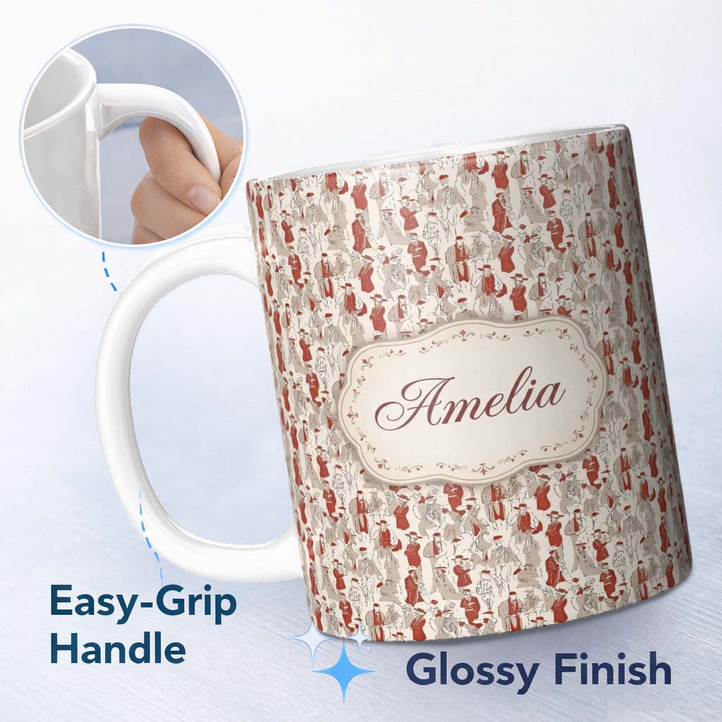 Personalized Custom Name Vintage Fashion Ladies Red Beige Seamless Pattern Name Cute Unique 11oz Ceramic Coffee Tea Mug White Large Handle