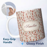 Personalized Custom Name Vintage Fashion Ladies Red Beige Seamless Pattern Name Cute Unique 11oz Ceramic Coffee Tea Mug White Large Handle