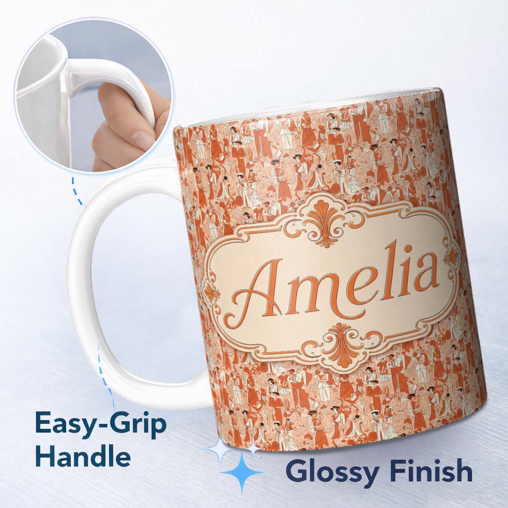 Personalized Custom Name Art Deco Figures Orange Cream Seamless Pattern Name Cute Unique Gift 11oz Ceramic Coffee Tea Mug White Large Handle