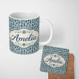 Personalized Custom Name Elegant Blue Art Nouveau Women Seamless Pattern Name Cute Unique 11oz Ceramic Coffee Tea Mug White Large Handle