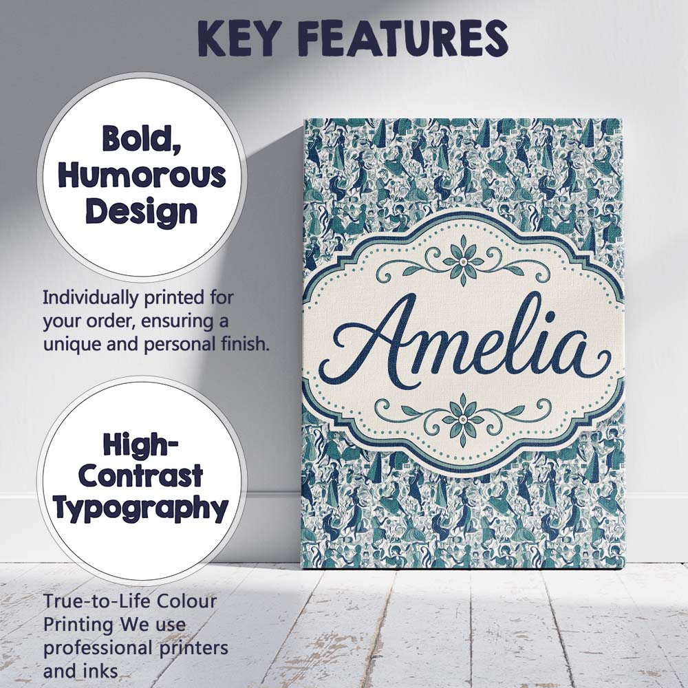 Personalised Name Elegant Blue Nouveau Custom  Unique Gift Idea Modern Room Accent Canvas Wall Art Print Decor Picture Ready to Hang