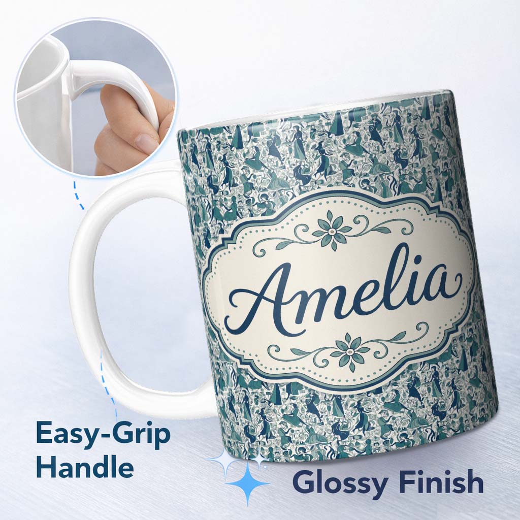 Personalized Custom Name Elegant Blue Art Nouveau Women Seamless Pattern Name Cute Unique 11oz Ceramic Coffee Tea Mug White Large Handle