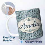 Personalized Custom Name Elegant Blue Art Nouveau Women Seamless Pattern Name Cute Unique 11oz Ceramic Coffee Tea Mug White Large Handle