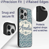 Elegant Blue Art Nouveau Women Seamless Pattern Custom Name Protective Phone Case Mobile Cover Durable Everyday Smartphone Shock Resistant