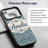 Elegant Blue Art Nouveau Women Seamless Pattern Custom Name Protective Phone Case Mobile Cover Durable Everyday Smartphone Shock Resistant