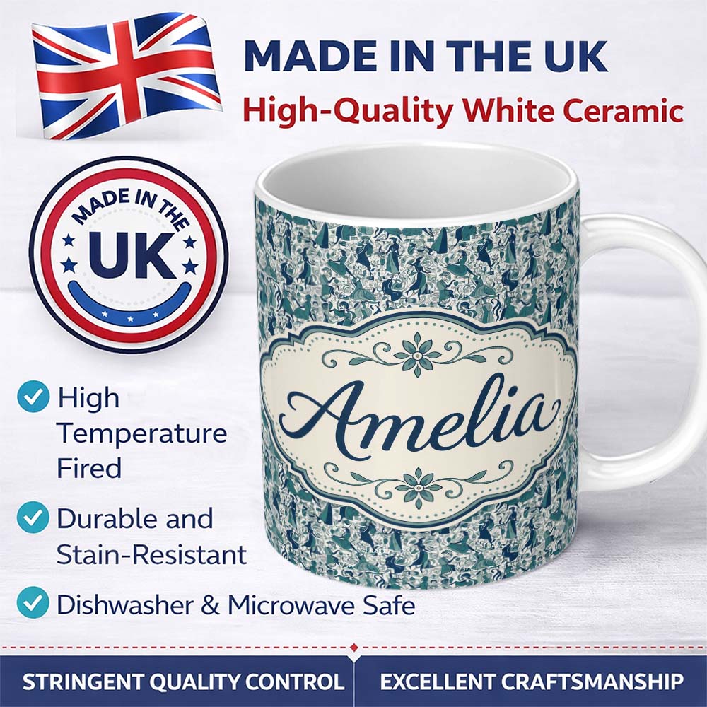 Personalized Custom Name Elegant Blue Art Nouveau Women Seamless Pattern Name Cute Unique 11oz Ceramic Coffee Tea Mug White Large Handle