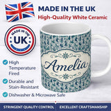 Personalized Custom Name Elegant Blue Art Nouveau Women Seamless Pattern Name Cute Unique 11oz Ceramic Coffee Tea Mug White Large Handle