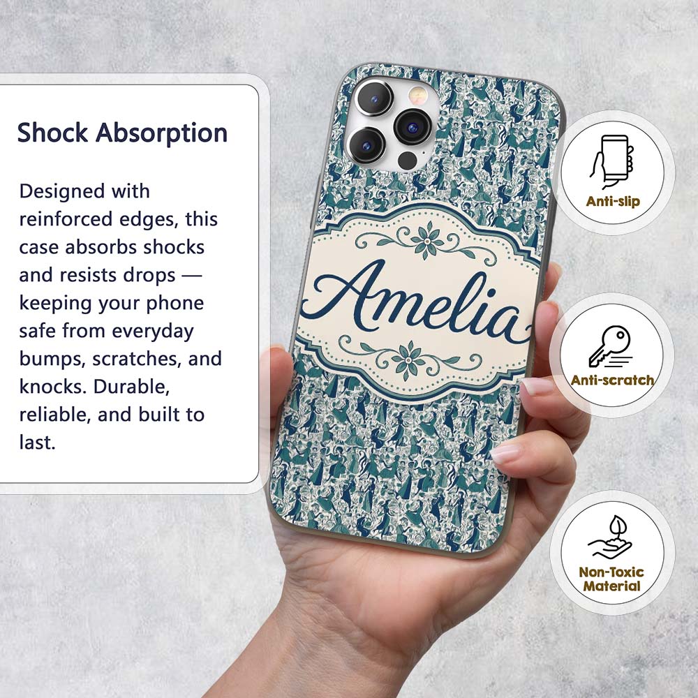 Elegant Blue Art Nouveau Women Seamless Pattern Custom Name Protective Phone Case Mobile Cover Durable Everyday Smartphone Shock Resistant