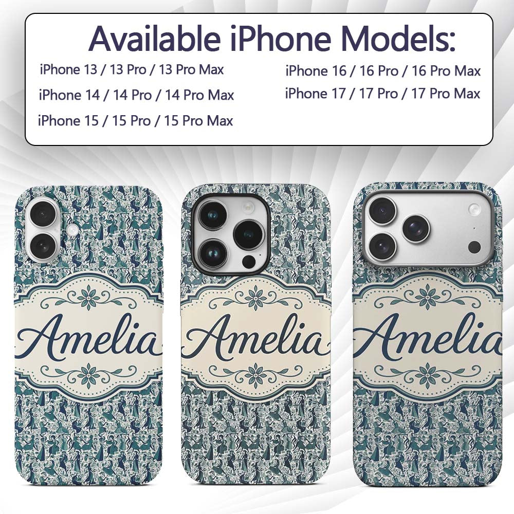 Elegant Blue Art Nouveau Women Seamless Pattern Custom Name Protective Phone Case Mobile Cover Durable Everyday Smartphone Shock Resistant