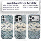 Elegant Blue Art Nouveau Women Seamless Pattern Custom Name Protective Phone Case Mobile Cover Durable Everyday Smartphone Shock Resistant