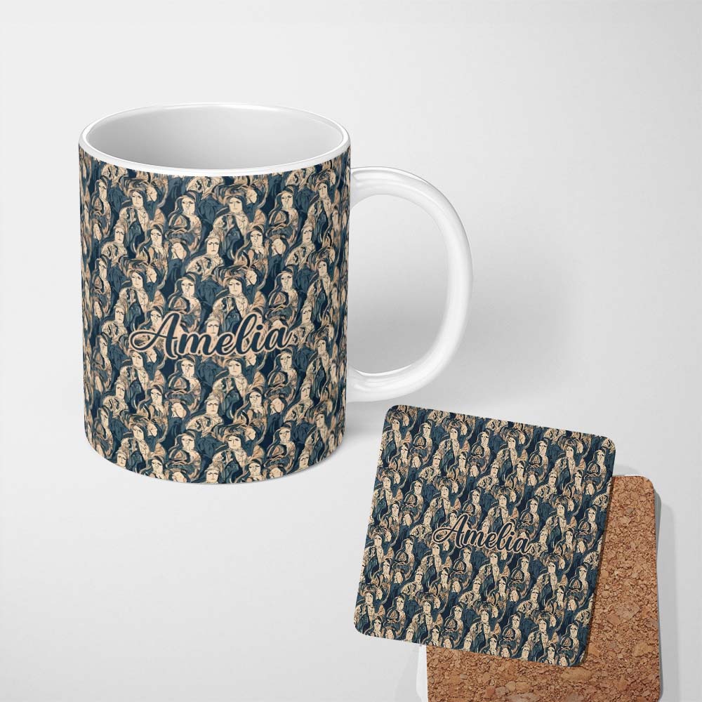 Personalized Custom Name Abstract Faces Blue Beige Artistic Seamless Pattern Name Cute 11oz Ceramic Coffee Tea Mug White Large Handle