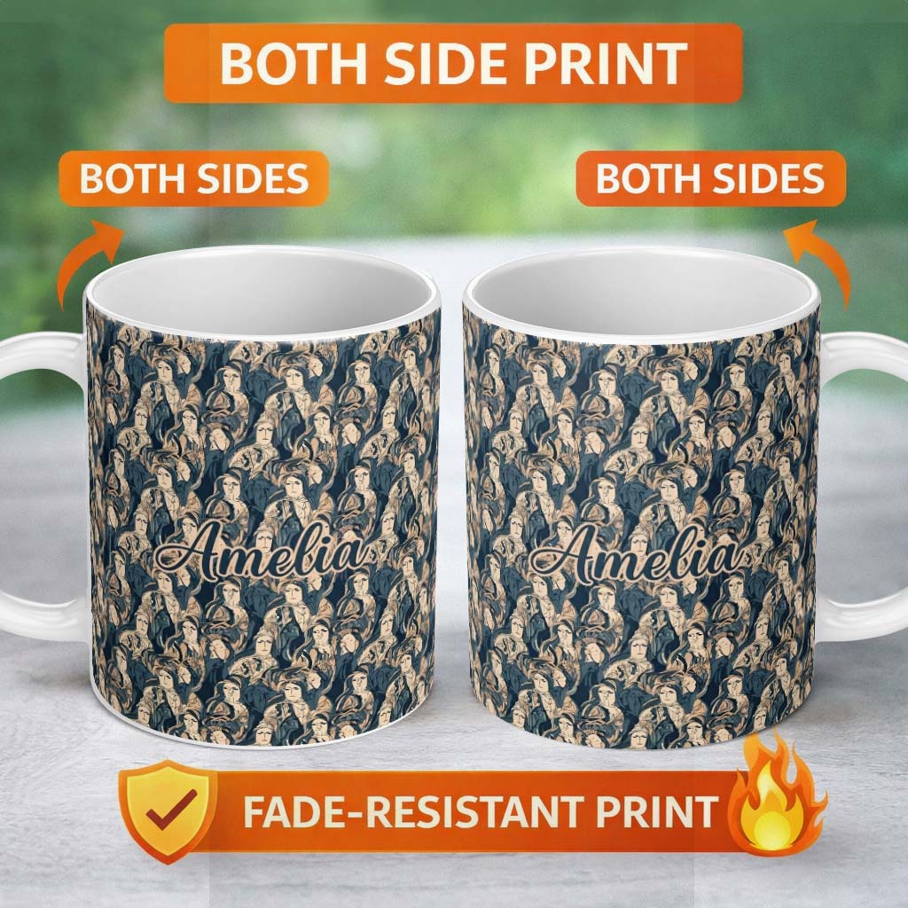 Personalized Custom Name Abstract Faces Blue Beige Artistic Seamless Pattern Name Cute 11oz Ceramic Coffee Tea Mug White Large Handle