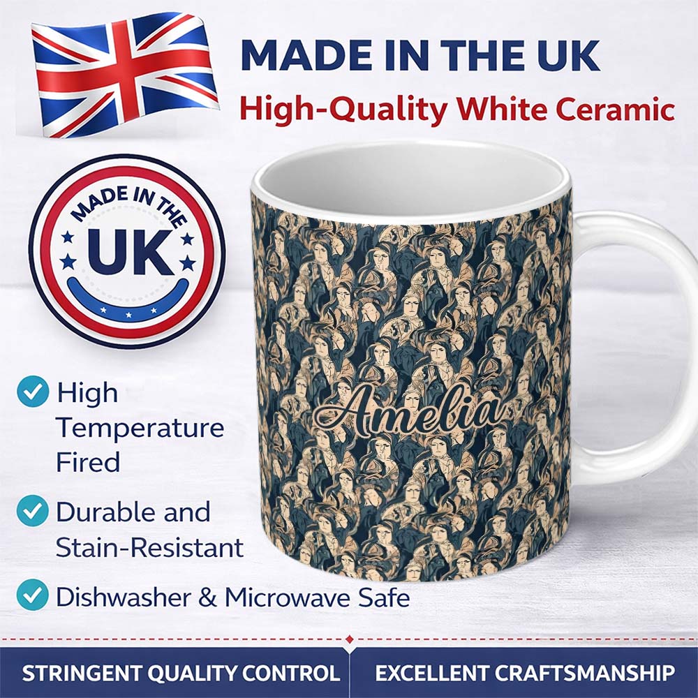 Personalized Custom Name Abstract Faces Blue Beige Artistic Seamless Pattern Name Cute 11oz Ceramic Coffee Tea Mug White Large Handle