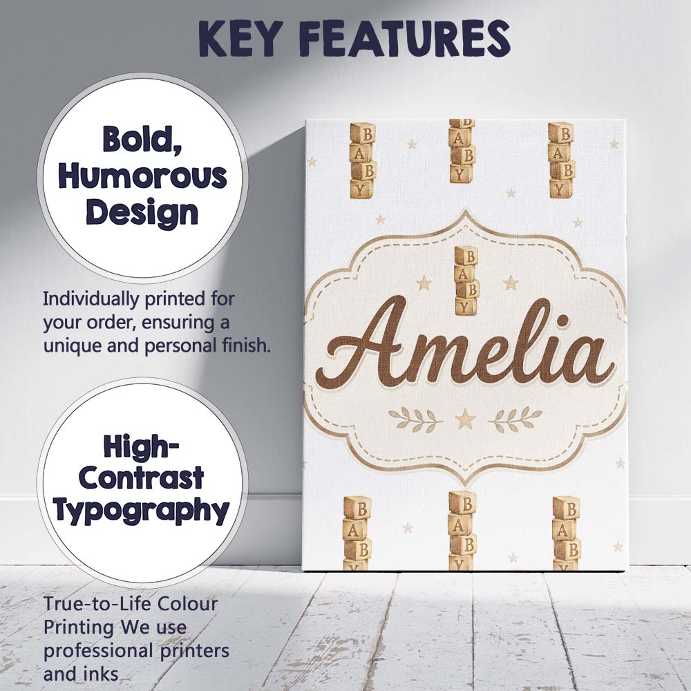 Personalised Name Baby Wooden Alphabet Custom  Modern Room Accent Elegant Feature Canvas Wall Art Print Decor Picture Ready to Hang