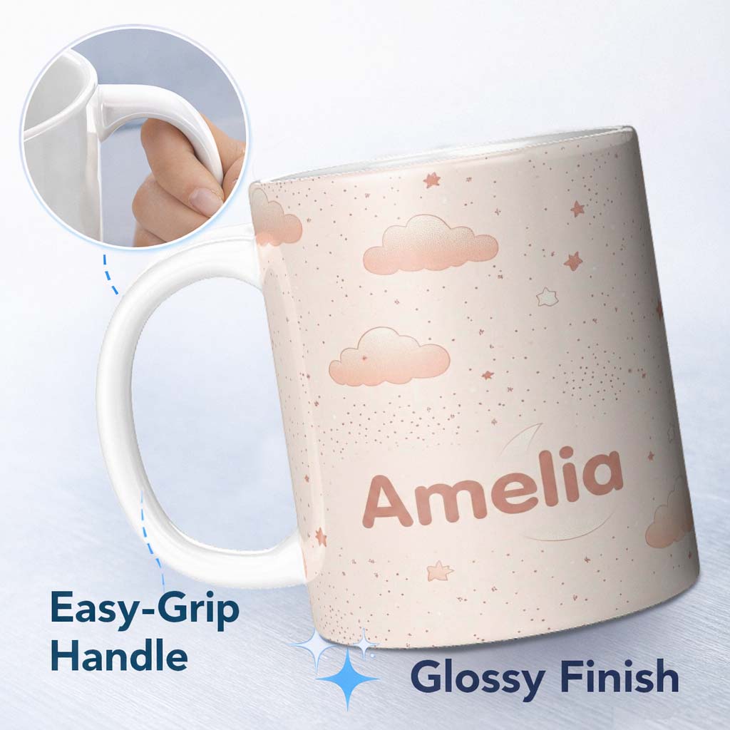 Personalized Custom Name Cute Moon Stars Clouds Pastel Seamless Pattern Name Unique Gift 11oz Ceramic Coffee Tea Mug White Large Handle