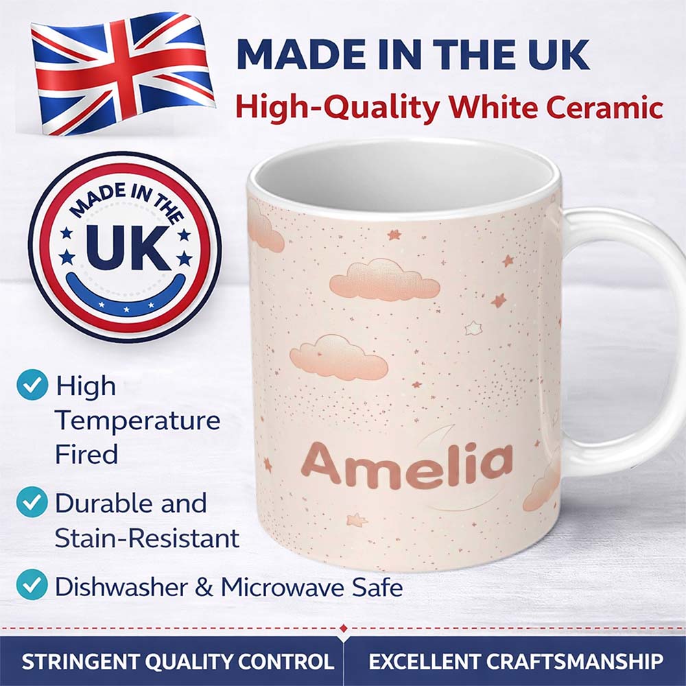 Personalized Custom Name Cute Moon Stars Clouds Pastel Seamless Pattern Name Unique Gift 11oz Ceramic Coffee Tea Mug White Large Handle
