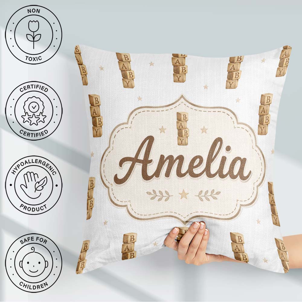 Custom Name Baby Wooden Alphabet Blocks Seamless Pattern on Soft Square Filled Cushion Throw Pillow Sofa Bed Home Decor Zip Washable UK Made