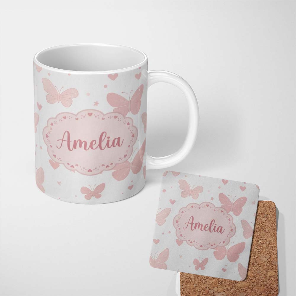 Personalized Custom Name Soft Pink Butterflies Hearts Seamless Pattern Custom Name Cute 11oz Ceramic Coffee Tea Mug White Large Handle