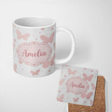 Personalized Custom Name Soft Pink Butterflies Hearts Seamless Pattern Custom Name Cute 11oz Ceramic Coffee Tea Mug White Large Handle