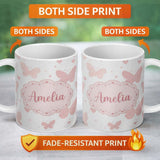 Personalized Custom Name Soft Pink Butterflies Hearts Seamless Pattern Custom Name Cute 11oz Ceramic Coffee Tea Mug White Large Handle