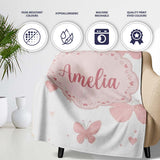 Soft Pink Butterflies Hearts Seamless Pattern  Cute  Personalised Custom Name Super Soft Fleece Blanket Bed Sofa Throw