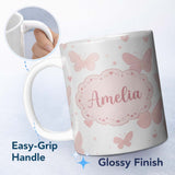 Personalized Custom Name Soft Pink Butterflies Hearts Seamless Pattern Custom Name Cute 11oz Ceramic Coffee Tea Mug White Large Handle