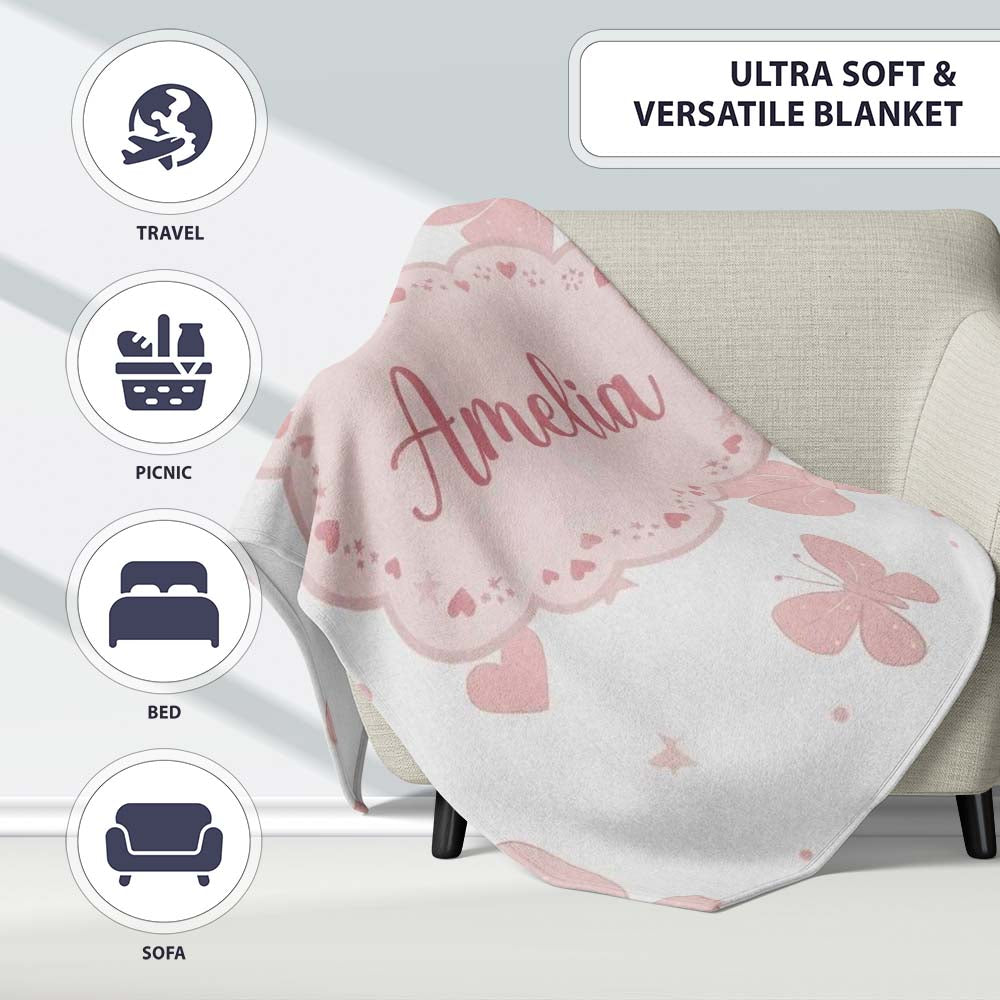 Soft Pink Butterflies Hearts Seamless Pattern  Cute  Personalised Custom Name Super Soft Fleece Blanket Bed Sofa Throw
