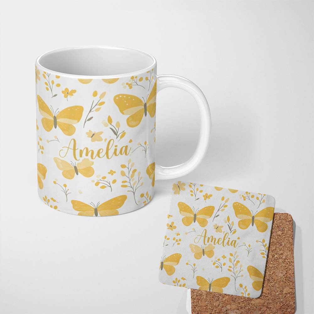 Personalized Custom Name Yellow Butterflies Floral Spring Seamless Pattern Name Cute Unique 11oz Ceramic Coffee Tea Mug White Large Handle