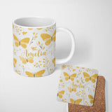 Personalized Custom Name Yellow Butterflies Floral Spring Seamless Pattern Name Cute Unique 11oz Ceramic Coffee Tea Mug White Large Handle