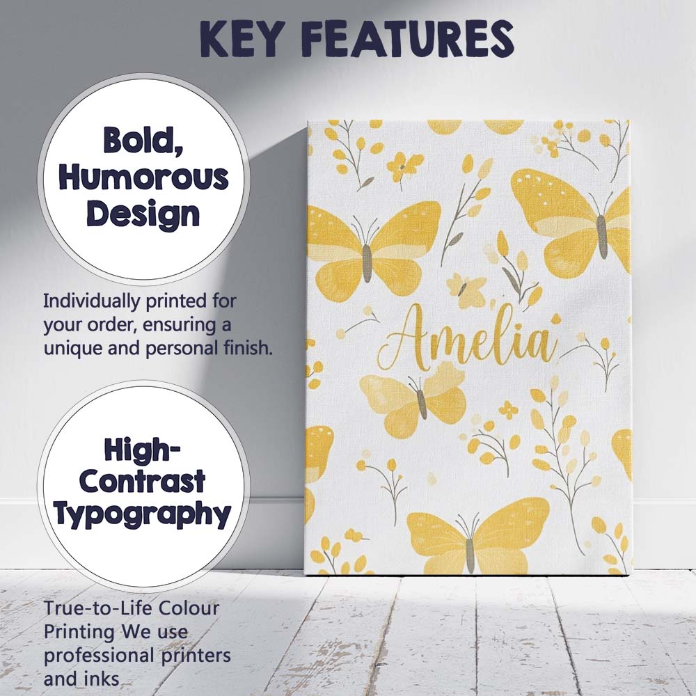 Personalised Name Yellow Butterflies Floral Custom  Bespoke Interior Contemporary Canvas Wall Art Print Decor Picture Ready to Hang