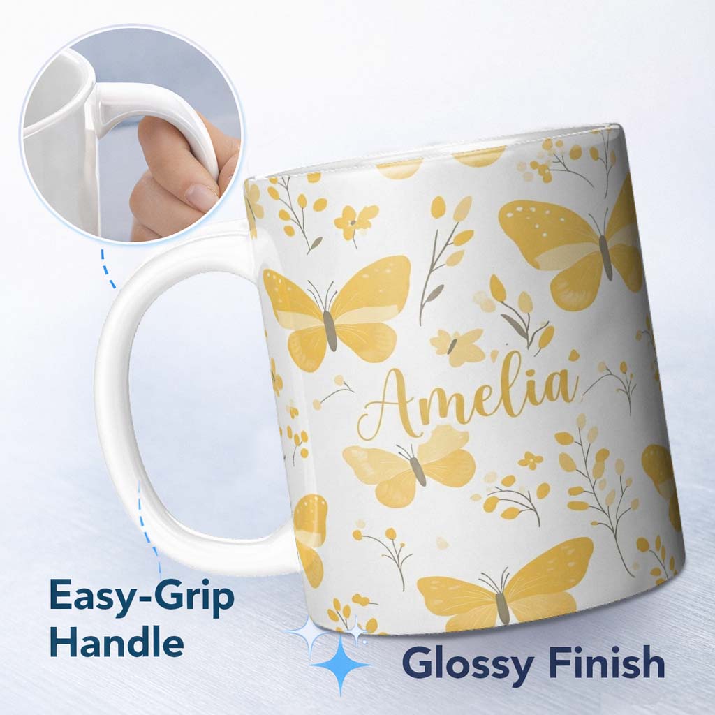 Personalized Custom Name Yellow Butterflies Floral Spring Seamless Pattern Name Cute Unique 11oz Ceramic Coffee Tea Mug White Large Handle