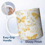 Personalized Custom Name Yellow Butterflies Floral Spring Seamless Pattern Name Cute Unique 11oz Ceramic Coffee Tea Mug White Large Handle