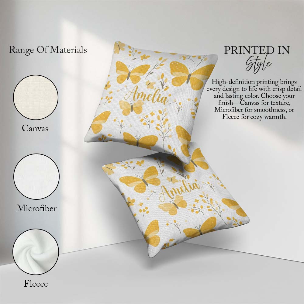 Custom Name Yellow Butterflies Floral Seamless Pattern Name Cute Square Filled Cushion Throw Pillow Sofa Bed Home Decor Zip Washable UK Made