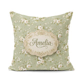 Custom Name Elegant White Flowers Green Background Seamless Name Square Filled Cushion Throw Pillow Sofa Bed Home Decor Zip Washable UK Made