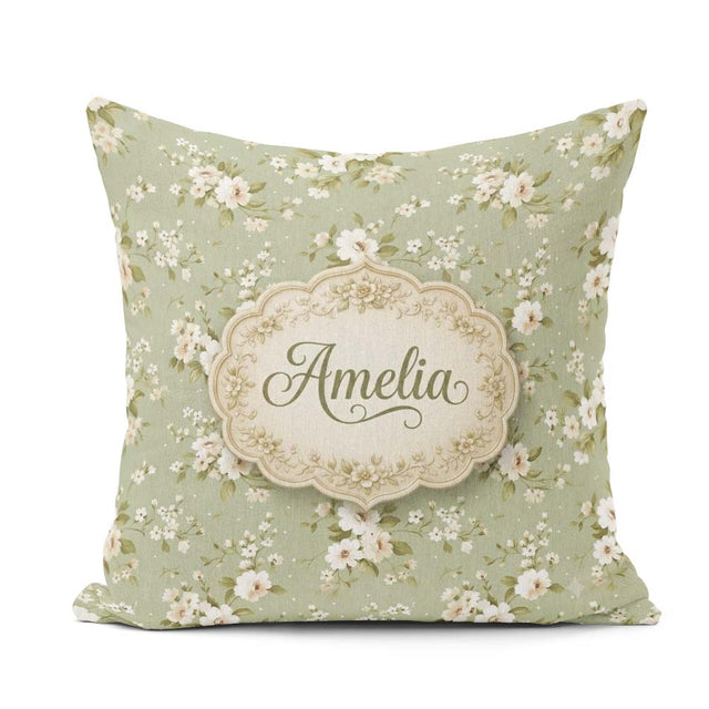 Custom Name Elegant White Flowers Green Background Seamless Name Square Filled Cushion Throw Pillow Sofa Bed Home Decor Zip Washable UK Made