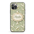 Elegant White Flowers Green Background Seamless Custom Name Protective Phone Case Mobile Cover Durable Everyday Smartphone Shock Resistant