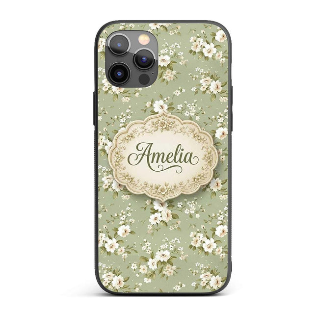 Elegant White Flowers Green Background Seamless Custom Name Protective Phone Case Mobile Cover Durable Everyday Smartphone Shock Resistant