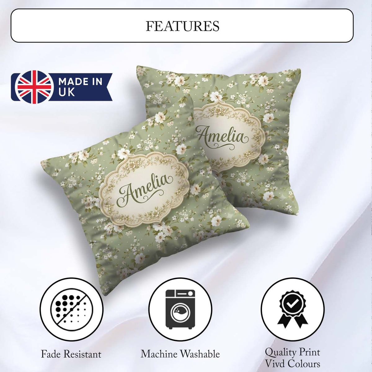 Custom Name Elegant White Flowers Green Background Seamless Name Square Filled Cushion Throw Pillow Sofa Bed Home Decor Zip Washable UK Made