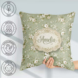 Custom Name Elegant White Flowers Green Background Seamless Name Square Filled Cushion Throw Pillow Sofa Bed Home Decor Zip Washable UK Made