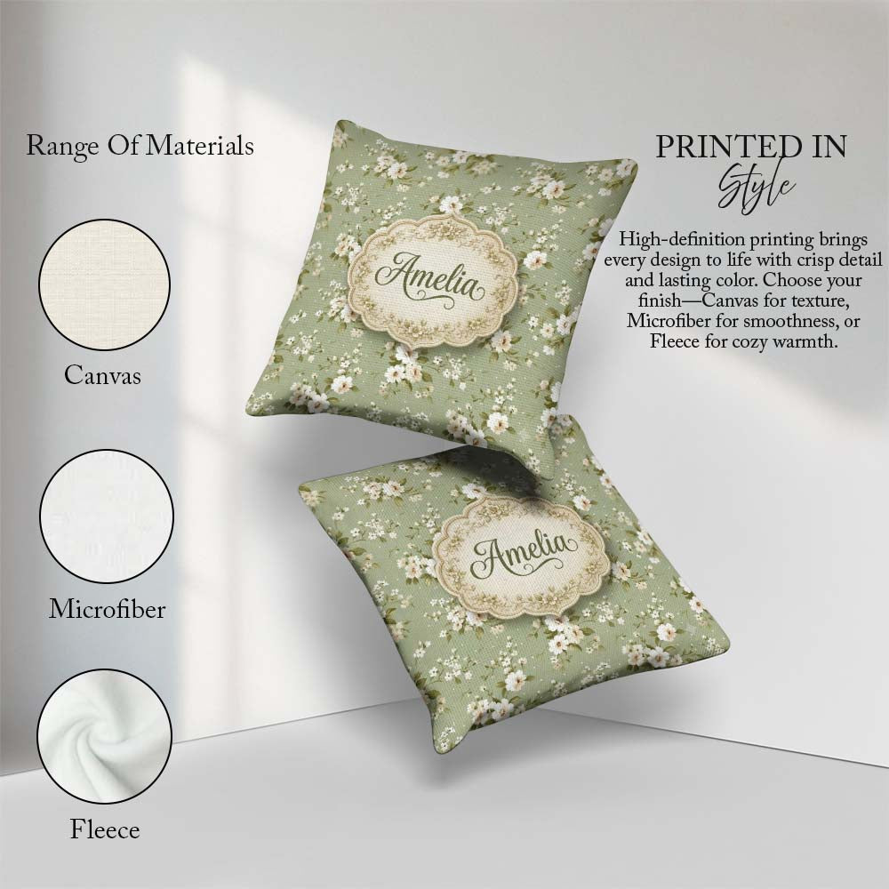 Custom Name Elegant White Flowers Green Background Seamless Name Square Filled Cushion Throw Pillow Sofa Bed Home Decor Zip Washable UK Made