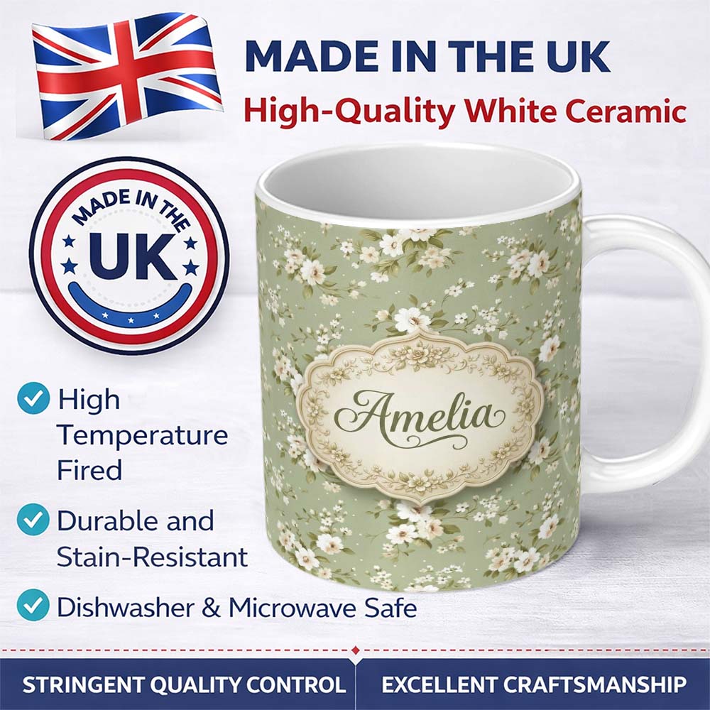 Personalized Custom Name Elegant White Flowers Green Background Seamless Pattern Name Cute 11oz Ceramic Coffee Tea Mug White Large Handle