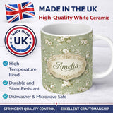 Personalized Custom Name Elegant White Flowers Green Background Seamless Pattern Name Cute 11oz Ceramic Coffee Tea Mug White Large Handle