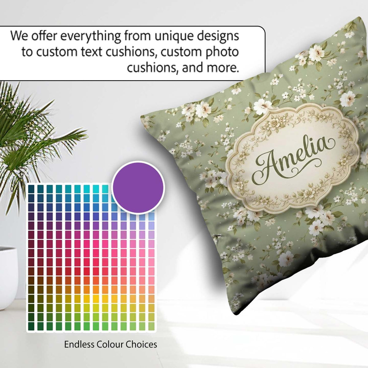Custom Name Elegant White Flowers Green Background Seamless Name Square Filled Cushion Throw Pillow Sofa Bed Home Decor Zip Washable UK Made