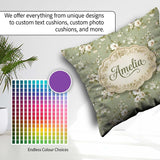 Custom Name Elegant White Flowers Green Background Seamless Name Square Filled Cushion Throw Pillow Sofa Bed Home Decor Zip Washable UK Made