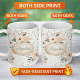 Personalized Custom Name Soft Pastel Flowers Abstract Shapes Seamless Pattern Name Cute 11oz Ceramic Coffee Tea Mug White Large Handle